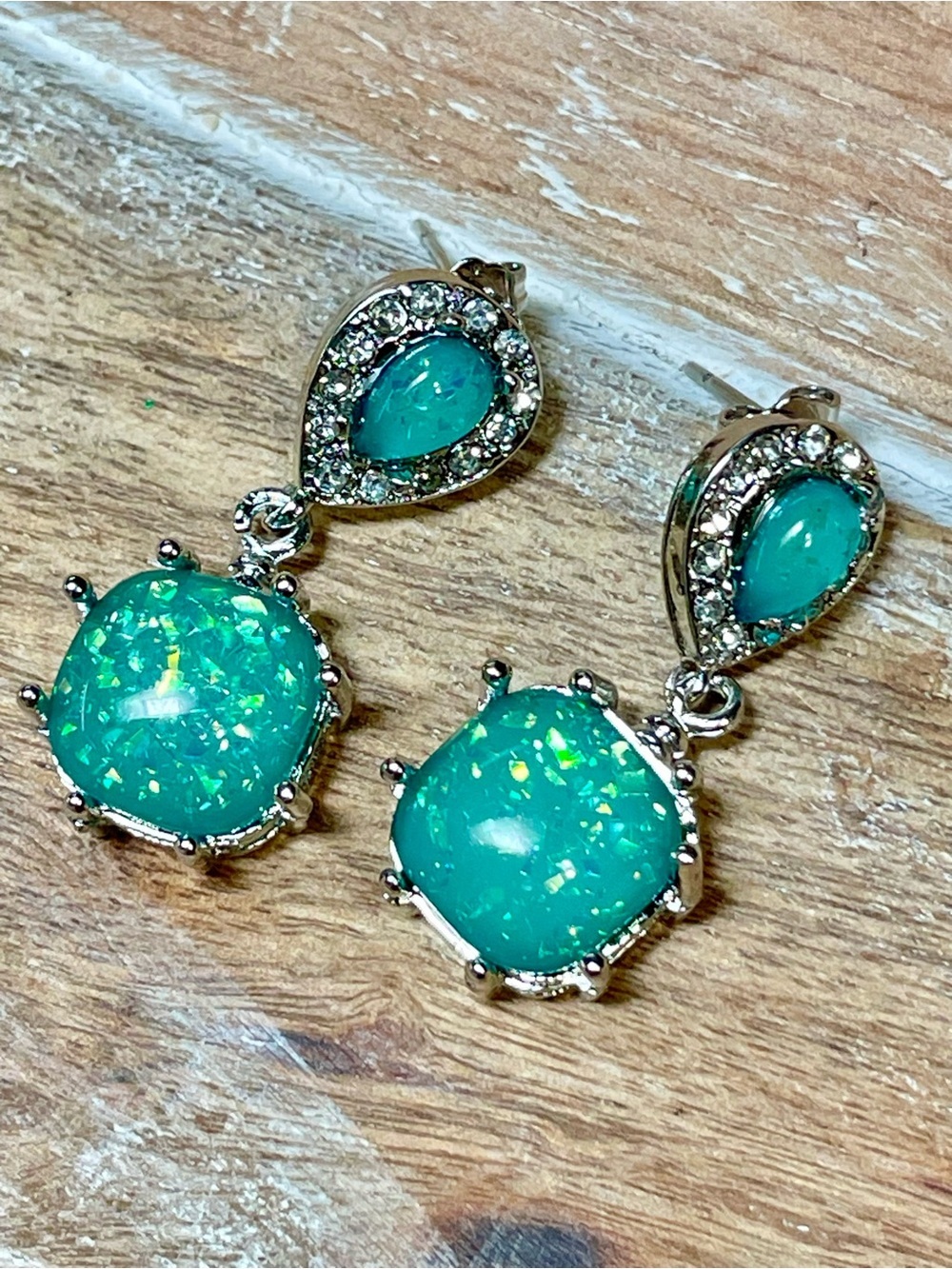 Turquoise Opal Drop Earrings with Crystal Halo - Women Jewelry